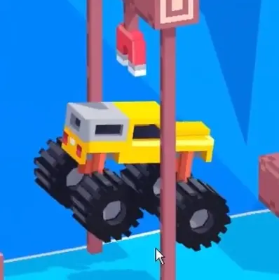 Drive Mad level 82 truck leaving the starting cliff and entering the hanging magnet's pull above the river gap