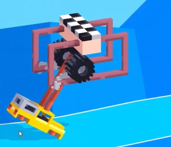 Drive Mad level 83 truck hanging from the long rod and building pendulum motion below the finish structure