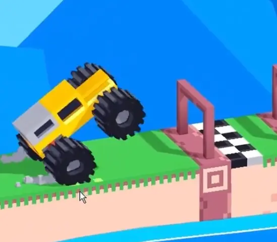 Drive Mad level 84 monster truck lifting its front wheels over the low gate and hooking its underside on the barrier