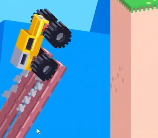 Drive Mad level 85 monster truck climbing the rising plank as it launches upward toward the tall platform