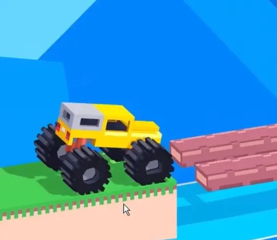 Drive Mad level 85 monster truck approaching the floating plank launcher over the water