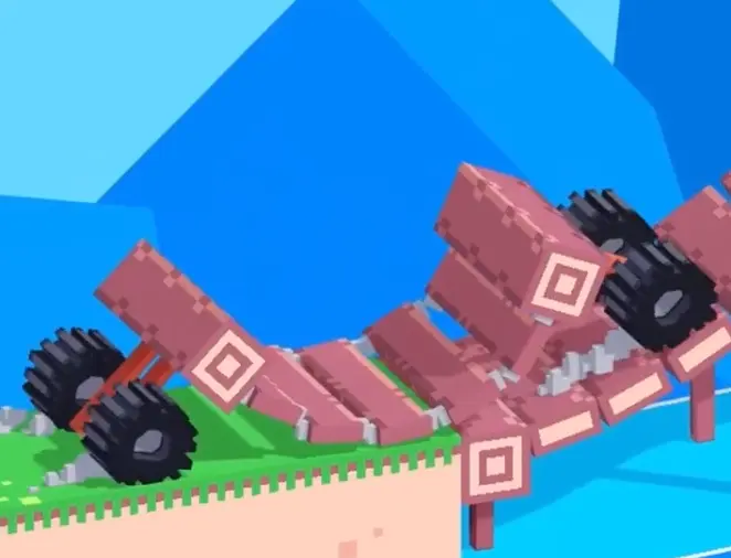 Drive Mad level 89 segmented bridge-like truck crossing the opening gap and approaching the central vertical step