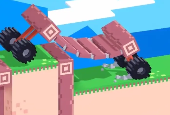 Drive Mad level 89 segmented truck curling over the obstacle after the front section catches the ledge and the rest of the body follows