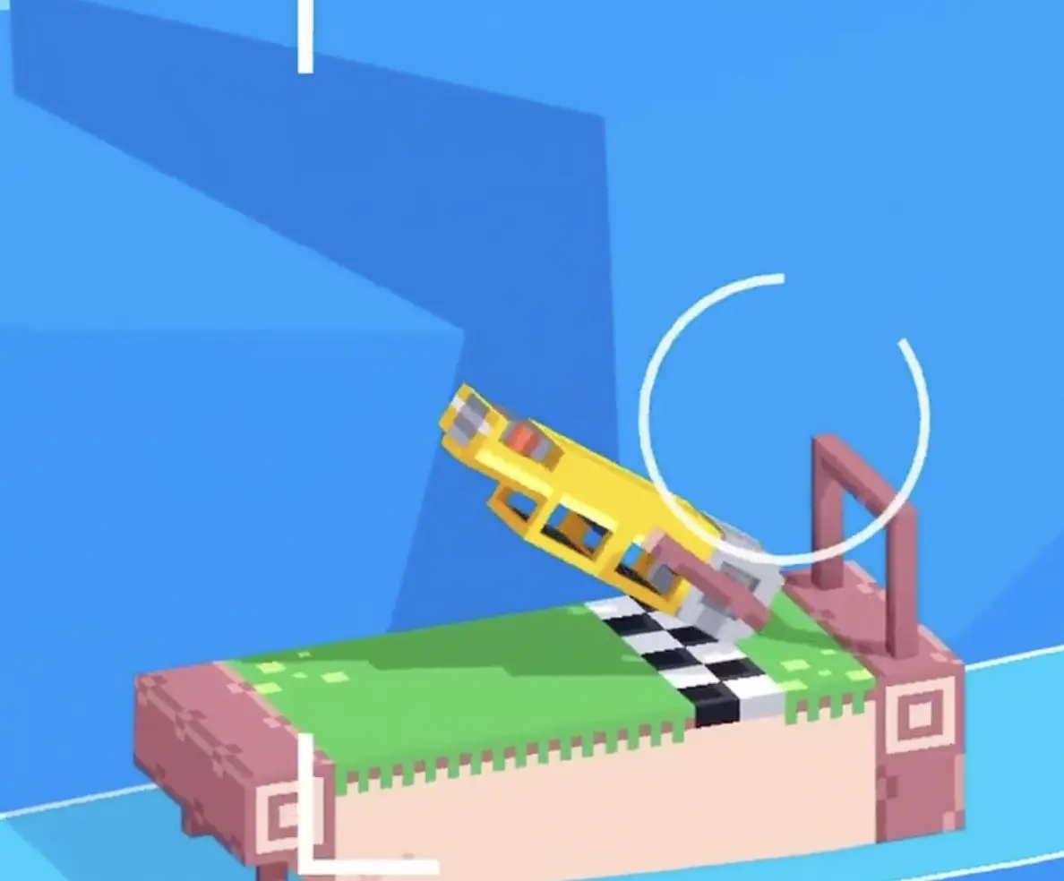 Drive Mad Level 90 vehicle reaching the finish platform after clearing the Motor Hop river gap