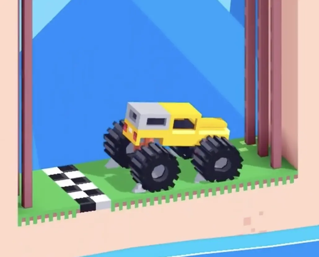 Drive Mad level 92 truck reaching the bottom of the shaft and backing toward the final checkered finish