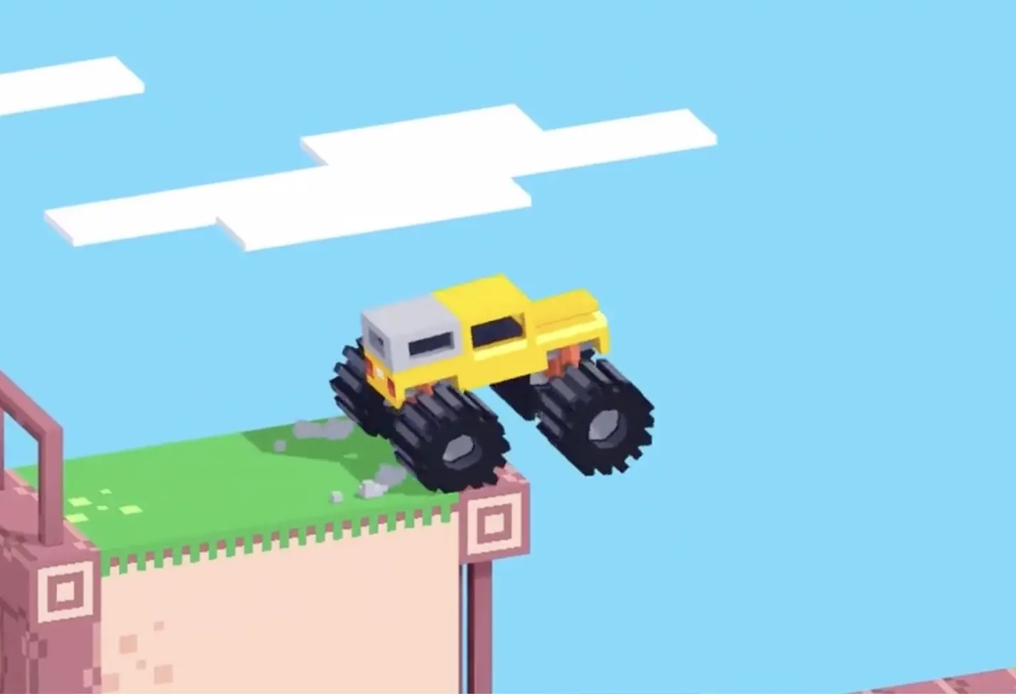 Drive Mad level 92 truck leaving the top platform and beginning the first careful drop into the shaft