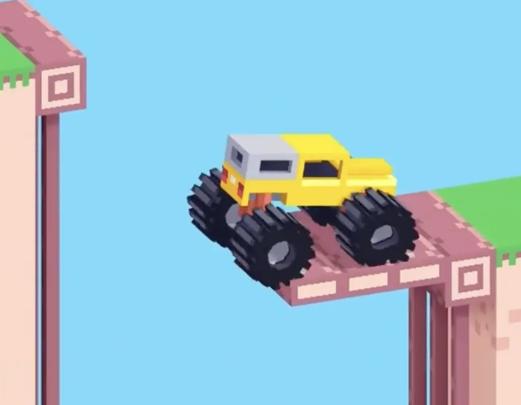 Drive Mad level 92 truck landing on one of the narrow alternating ledges while descending the shaft