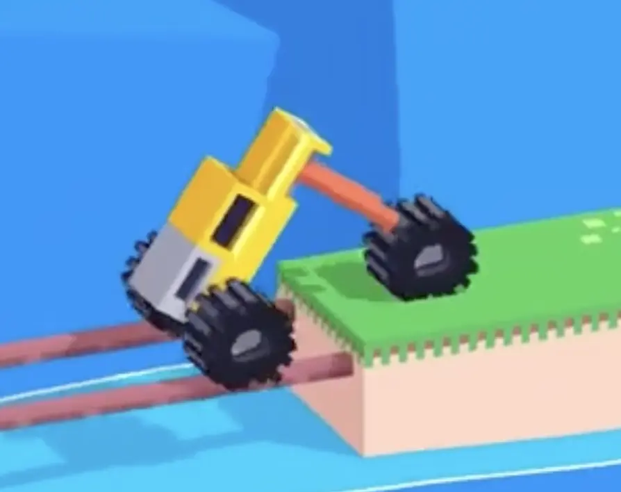 Drive Mad level 95 truck using its lifted front end to climb from the narrow rails onto the far platform