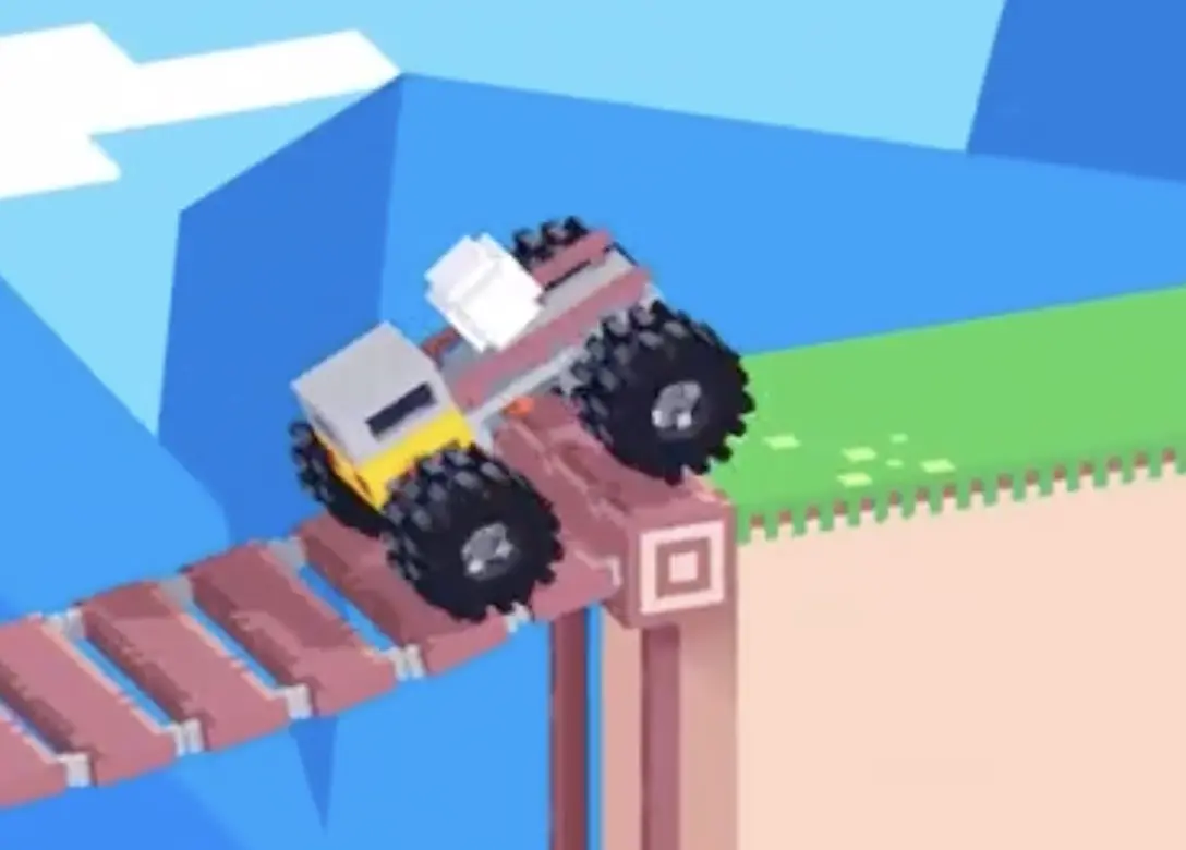 Drive Mad level 96 truck reaching the far end of the bridge while keeping the loose ball stable through the crest