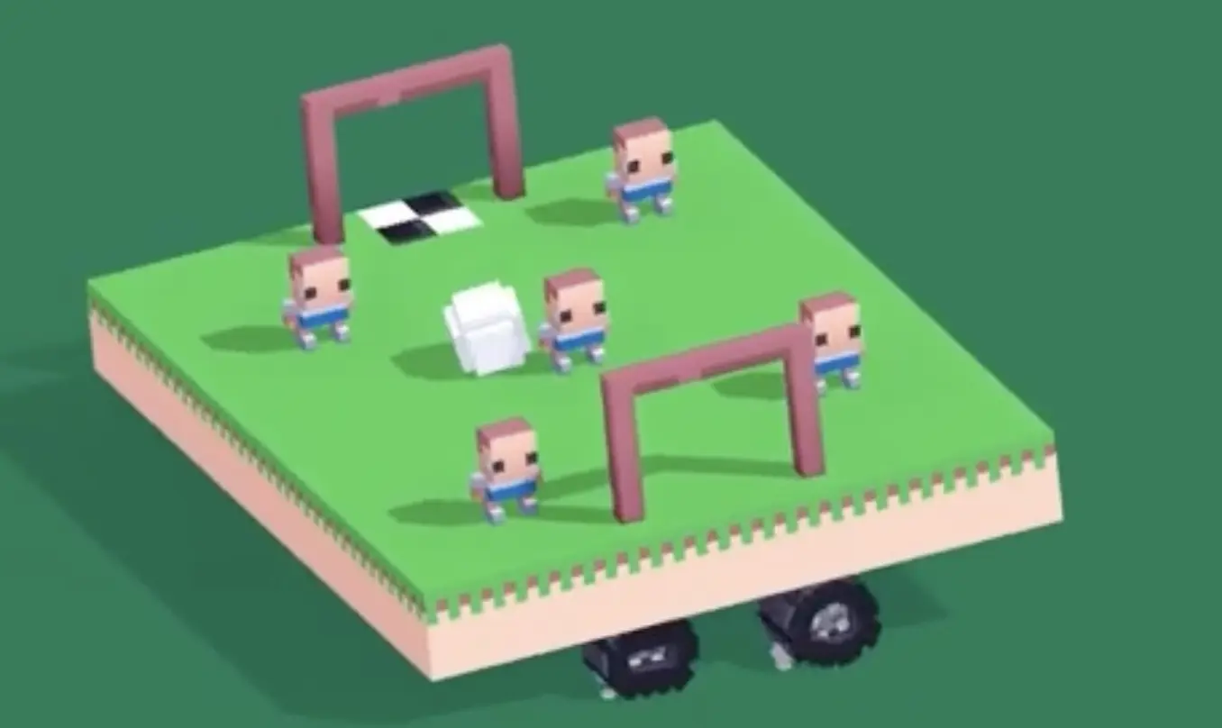 Drive Mad level 97 ball beginning to drift across the moving platform between the first soccer-style obstacles