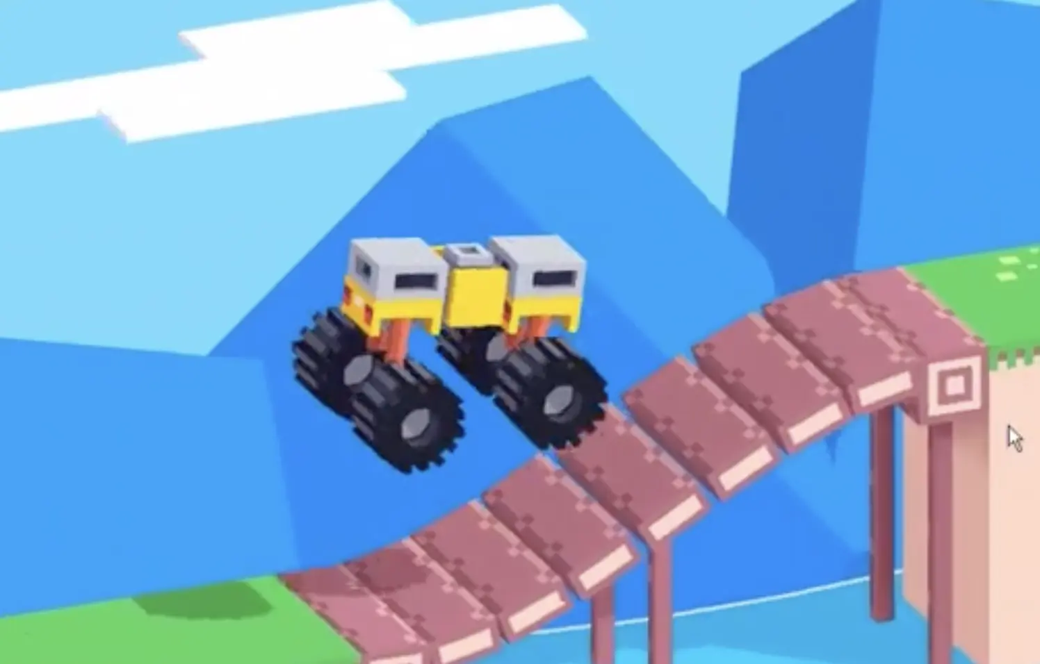 Drive Mad level 99 truck rolling onto the segmented wooden bridge and loading it before the jump
