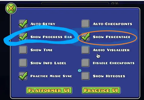Geometry Dash settings menu hide percentage option