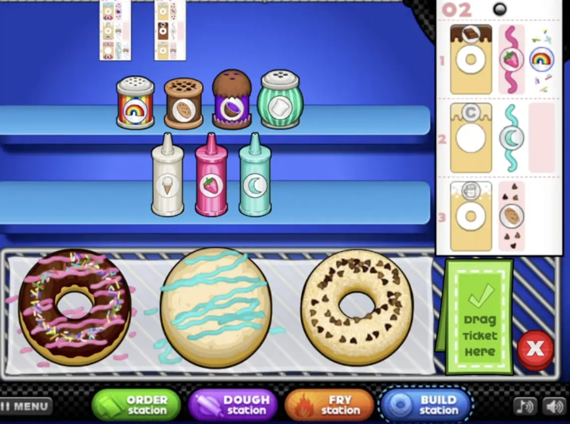 Burnt donut mistake in Papa's Donuteria showing how over-frying hurts your score
