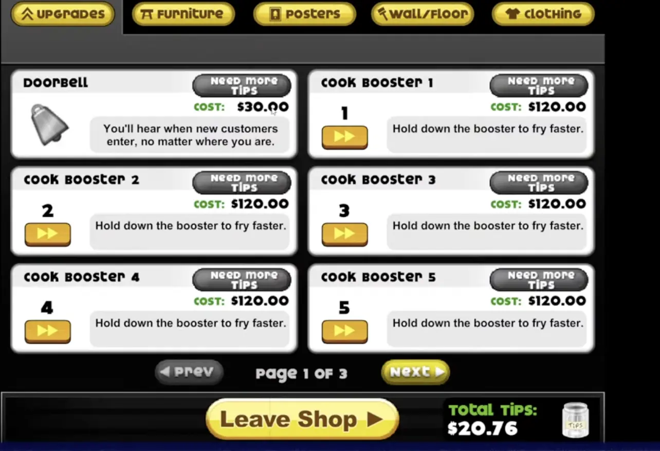 Papa's Donuteria shop screen showing the Cook Booster upgrade for faster frying
