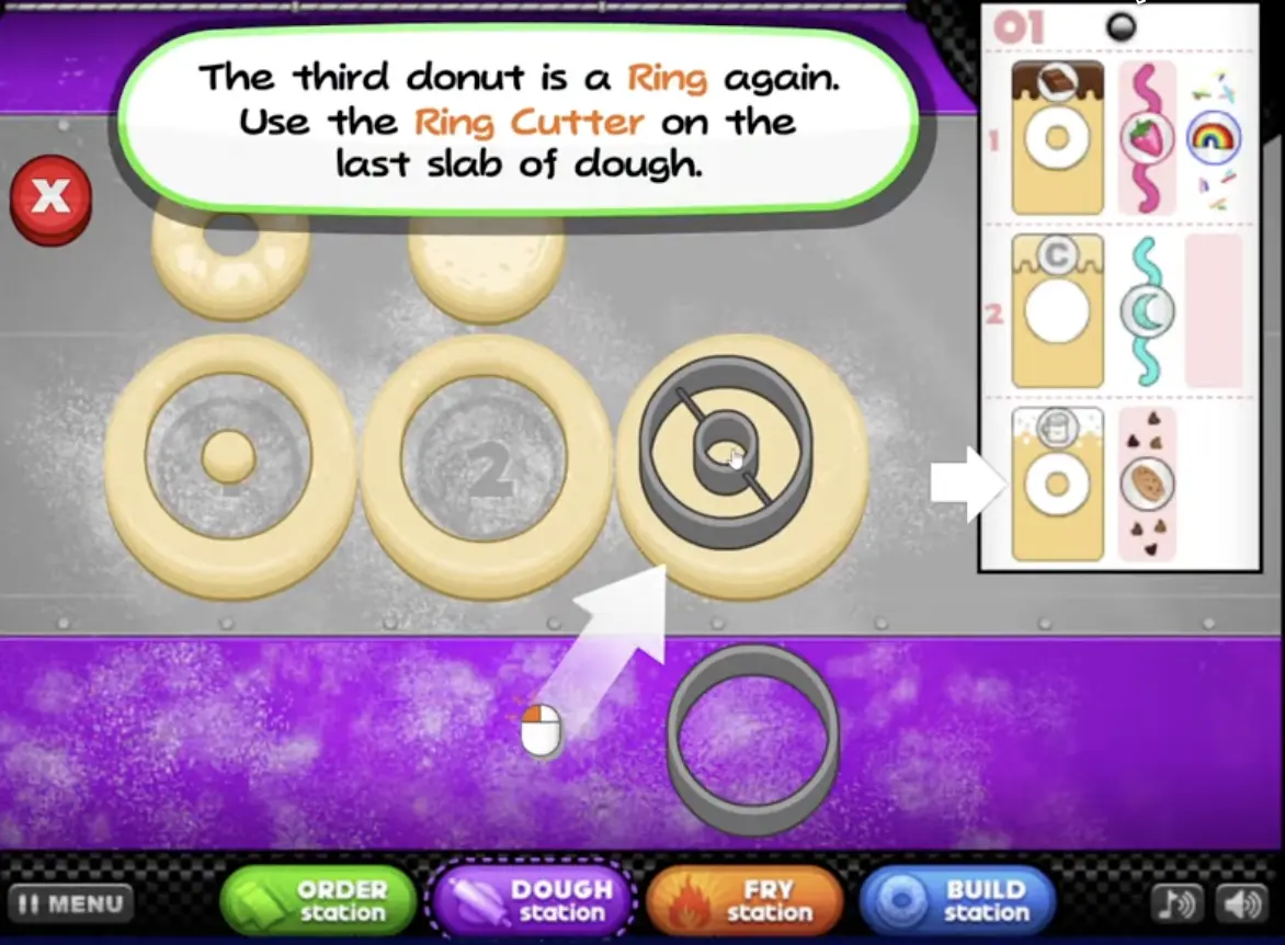 Papa's Donuteria gameplay screen showing the Dough, Fry, and Build stations during a busy shift