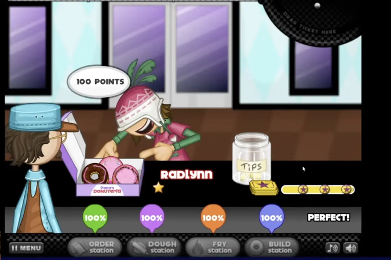 Perfect donut decorating example in Papa's Donuteria using a clean icing loop and balanced topping placement