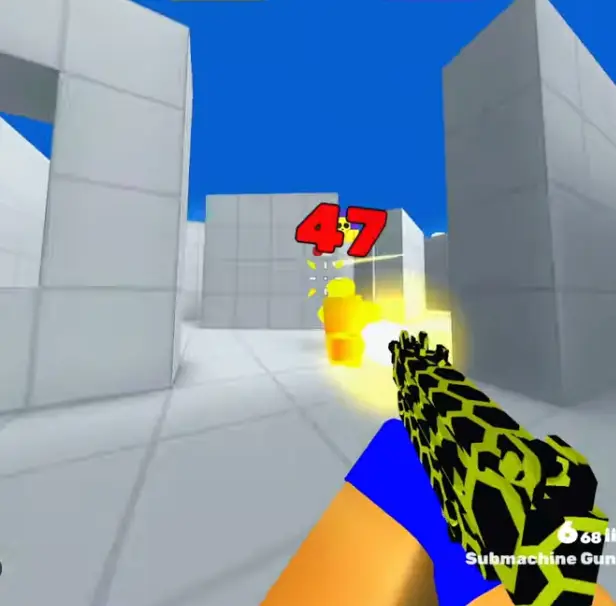 Veck.io live fight showing visible damage numbers during SMG fire at close to mid range